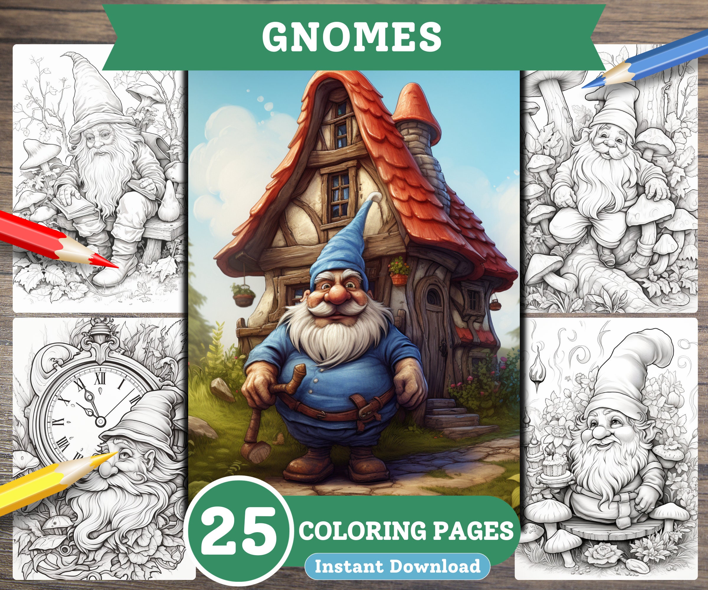 Gnomes Coloring Grayscale Coloring Book Pages for Adults, for Kids, Digital File, Instant ...