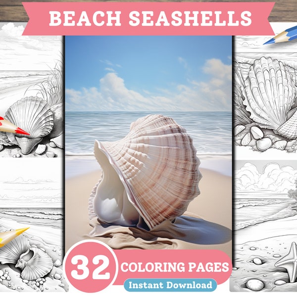 Beach Seashells Grayscale Coloring Book Pages For Adults, For Kids, Digital File, Instant Download, PDF Coloring, Printable Coloring