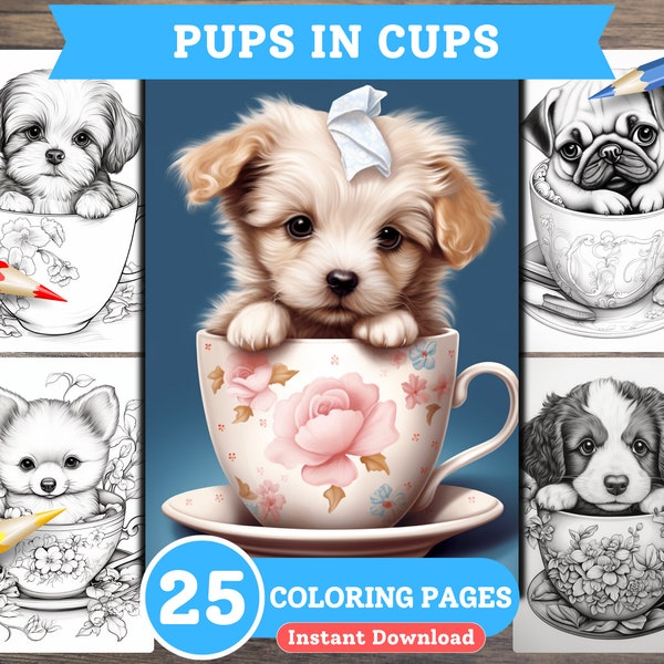 Schattige puppy's in kopjes grijswaarden boek kleurplaten, voor volwassenen, voor kinderen, digitaal bestand, Instant Download, PDF-kleuren, afdrukbare kleuren