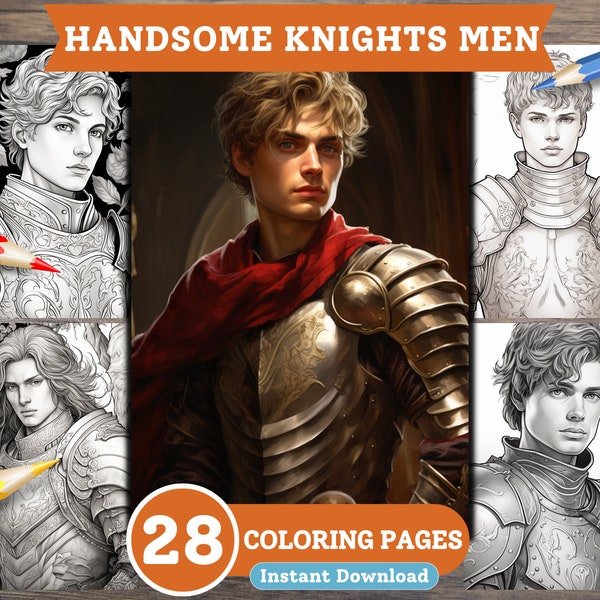 Handsome Knight Men Grayscale Coloring Book Pages For Adults, For Kids, Digital File, Instant Download, PDF Coloring, Printable Coloring