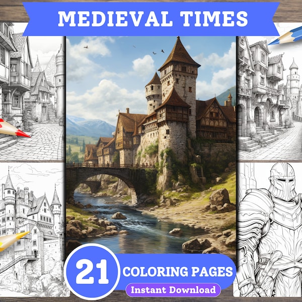 Medieval Times Scenery Grayscale Coloring Book Pages For Adults, For Kids, Digital File, Instant Download, PDF Coloring, Printable Coloring