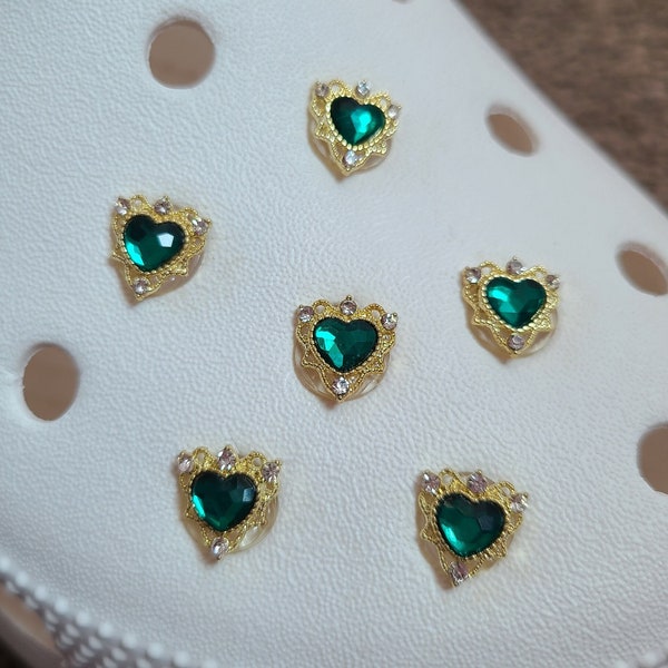 ONE Petite Emerald Green Heart Gold Trim Shoe Charm / Cute / Handmade / Royal / Victorian / Small / Bling / Gift