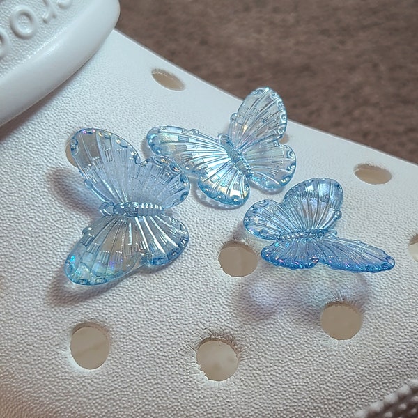 TWO Blue Butterfly Shoe Charm / Iridescent / Chrome / Girly / Kawaii / Cute / Handmade / Whimsical / Y2K / Fairy / Fun / Delicate / Gift