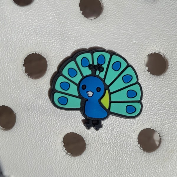 ONE Blue Teal Peacock Shoe Charm / Bird / Tropical / Cute / Exotic / Animal / Birdie / Critter / Fun / Kids / Gift