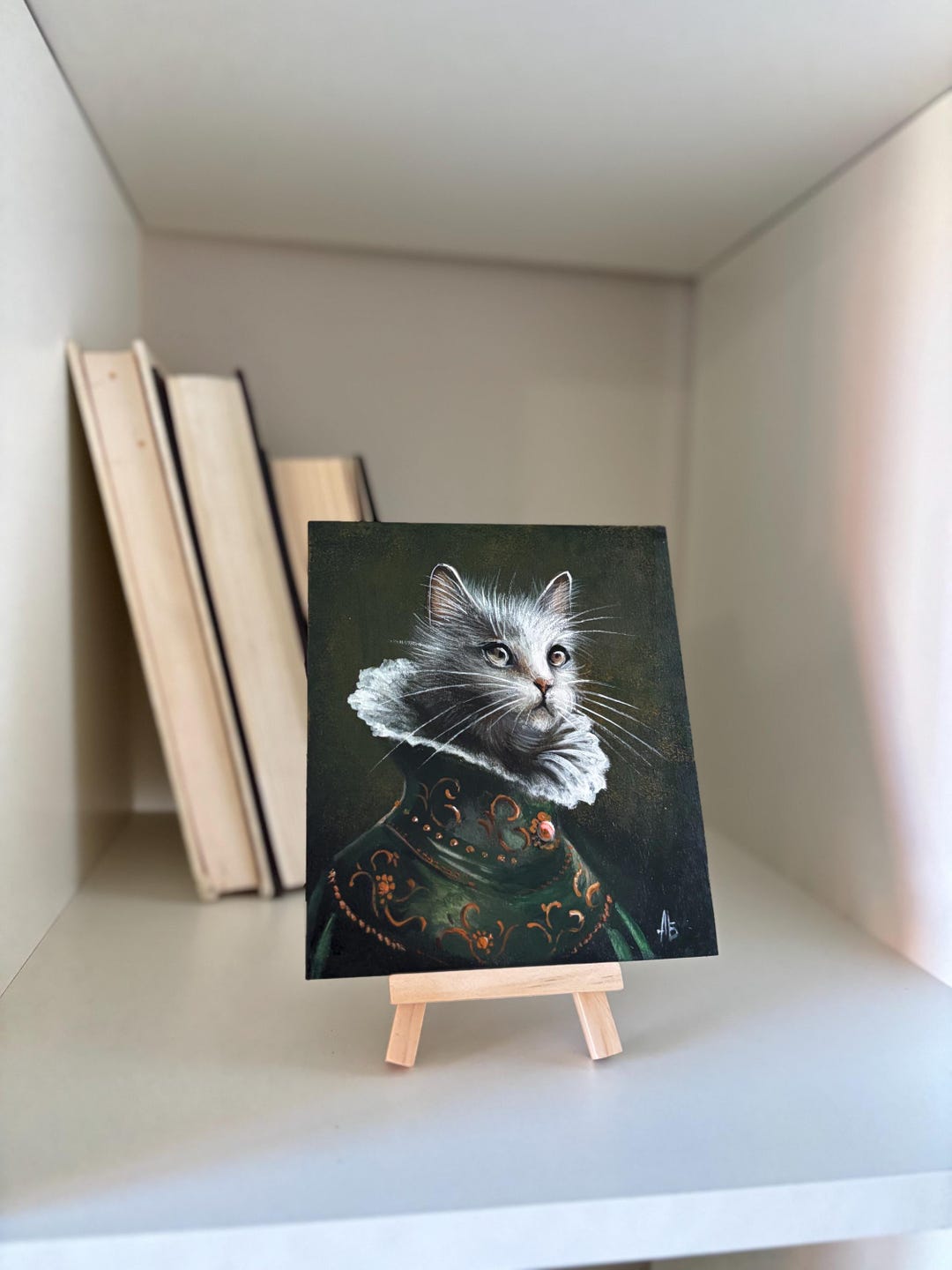 Renaissance Cat Portrait Painting – Original Acrylic on Wood 5x6 in ...