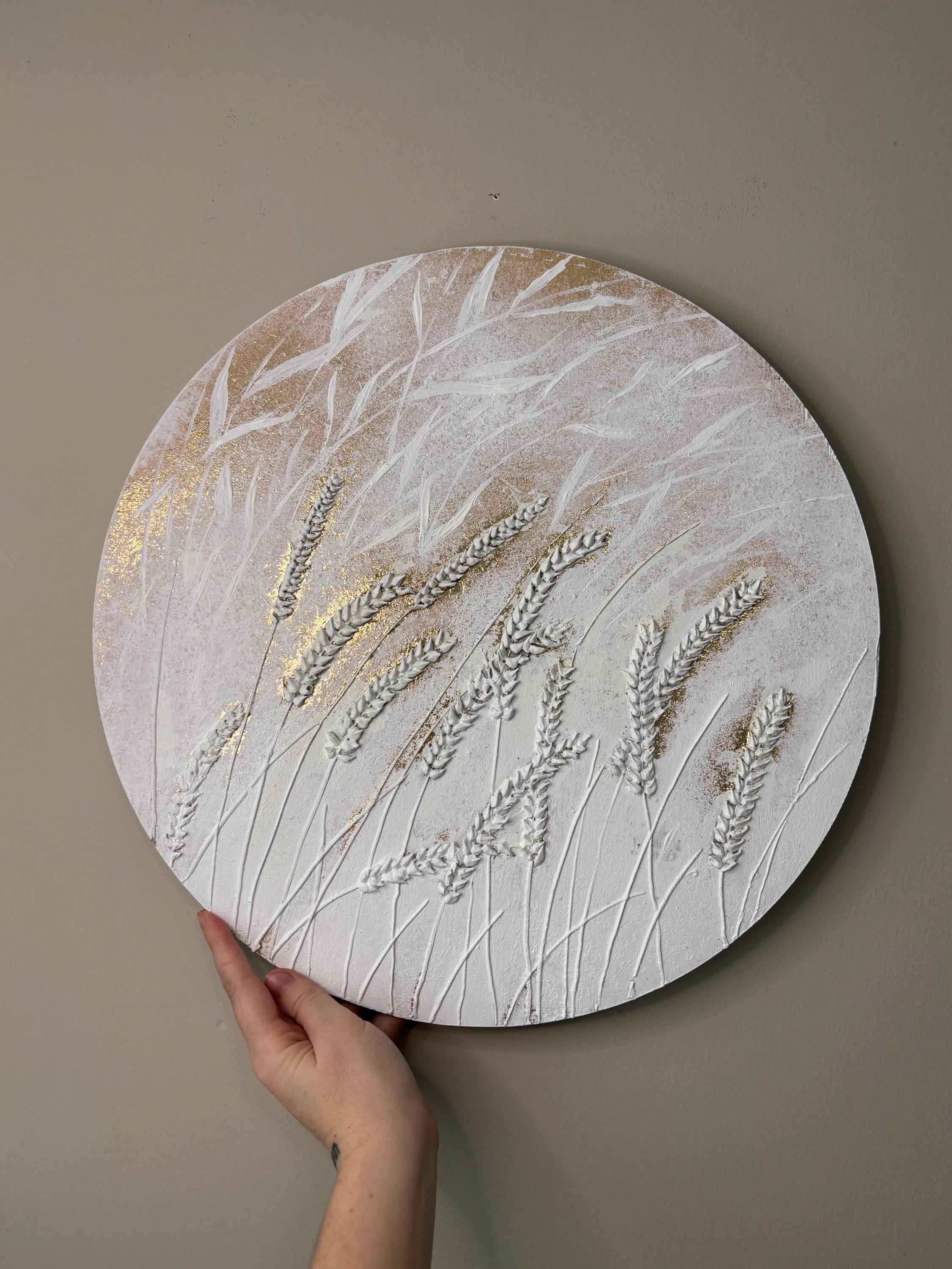 Textured Wheat Stalk Painting: White & Gold Round Wall Art (17 Inch) - Etsy