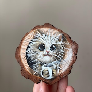 Mini tableau chat avec café, déco bibliothèque 3 x 3 sur bloc de bois sur pied Cadeau pour maman Petit tableau décoration de bureau animalier