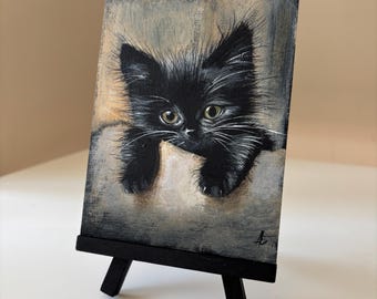 Mini Black Kitten Painting: Hand-Painted Acrylic Cat Art with Easel