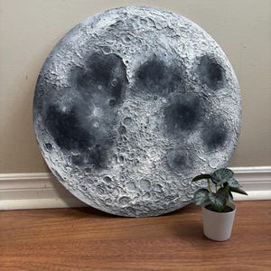 Peut inclure: Une grande peinture ronde de la lune, de couleur blanche et grise, avec une surface textur&eacute;e. La peinture est sur un sol en bois avec une petite plante en pot au premier plan.