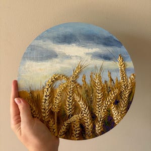 Wheat Field Painting Original Flower Textured Wall Art 3D Painting Living Rooms Decor Round Painting on Stand Landscape Painting Rustic