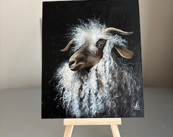 Retrato de cabra en miniatura: pintura acrílica de 15 x 13 cm sobre madera con caballete