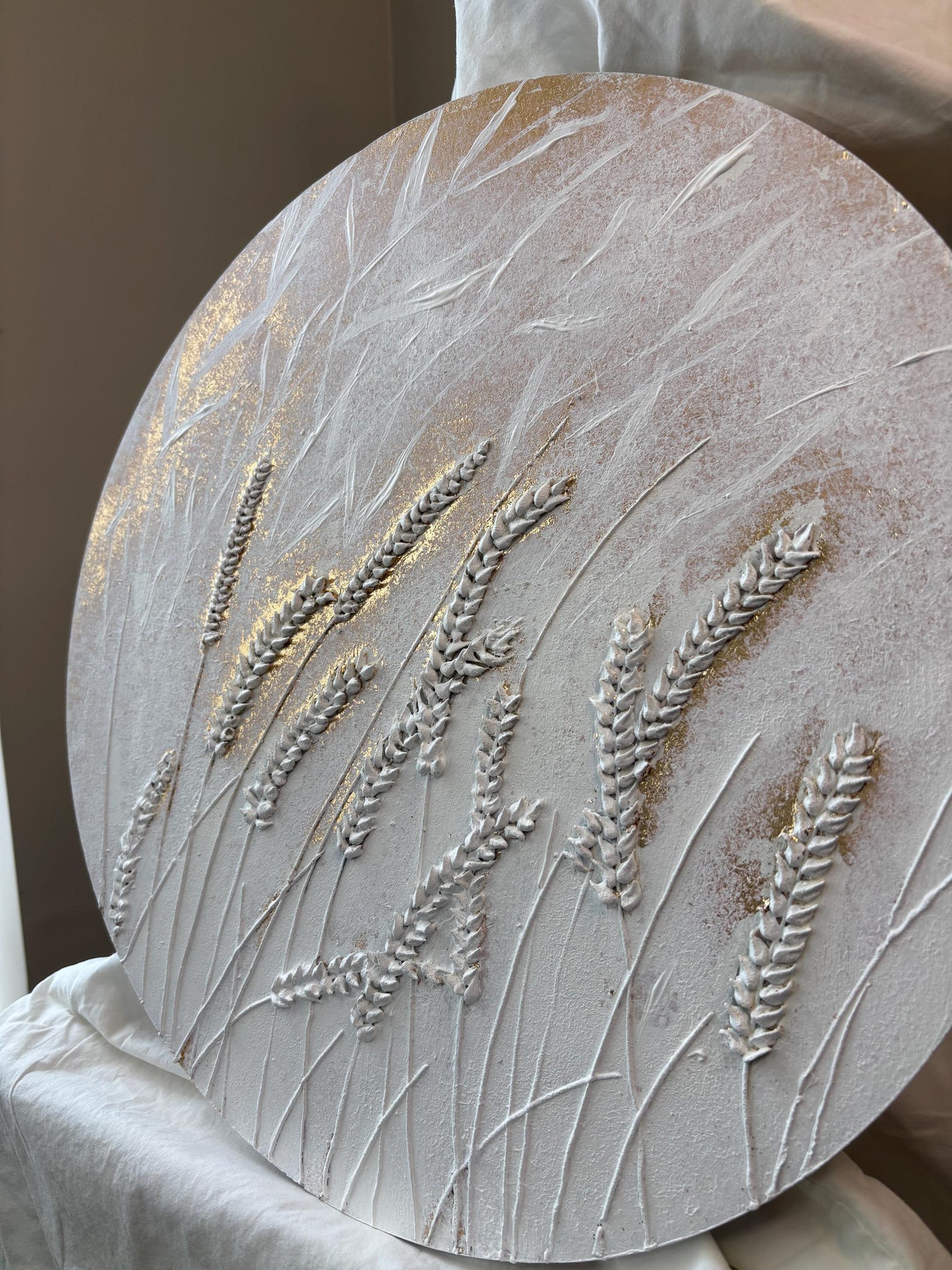 Textured Wheat Stalk Painting: White & Gold Round Wall Art (17 Inch) - Etsy