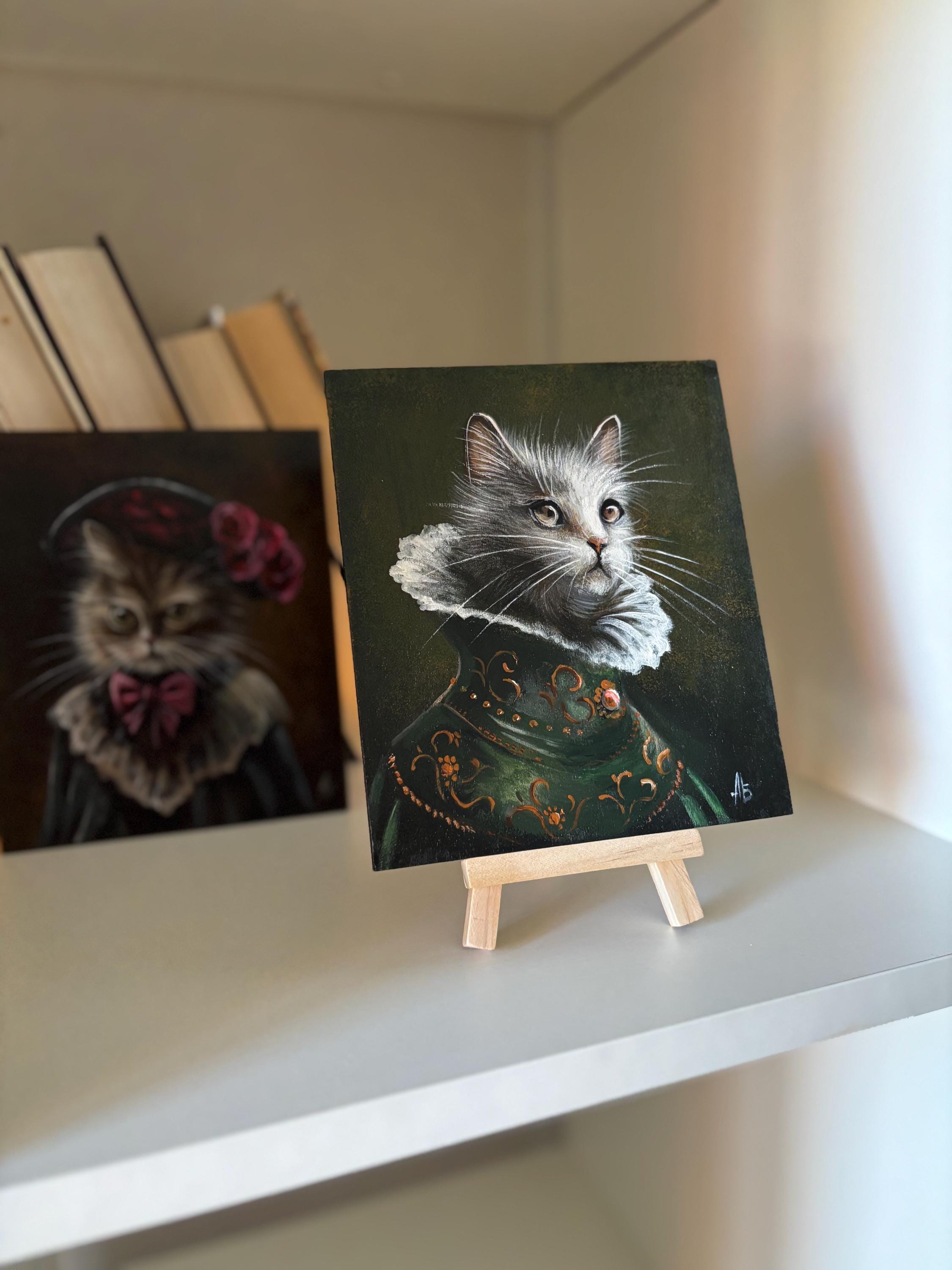 Renaissance Cat Portrait Painting – Original Acrylic on Wood 5x6 in ...