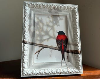 Peinture acrylique oiseau rouge originale sur bois, art mural oiseau encadré, décoration nature