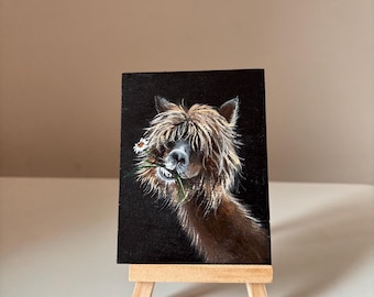 Mini pintura de llama: arte animal acrílico original con caballete