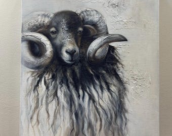 オリジナルの羊の絵画：大きなアクリル動物の肖像画 24x24インチ