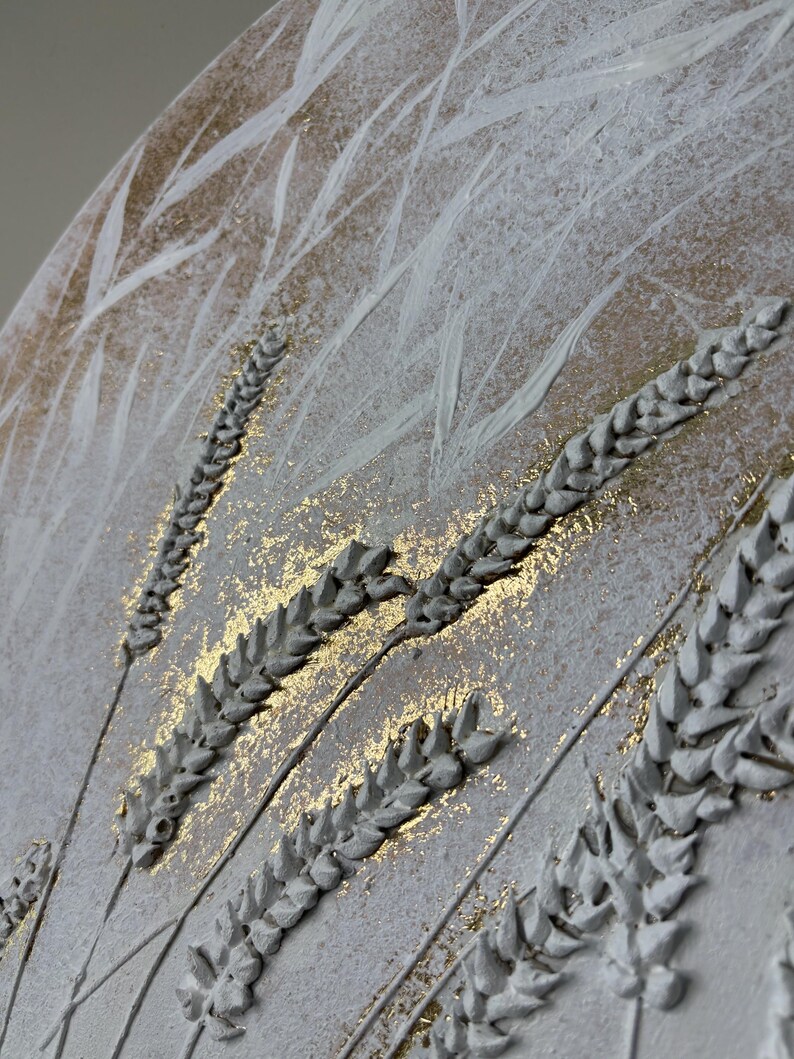 Textured Wheat Stalk Painting: White & Gold Round Wall Art (17 Inch) - Etsy
