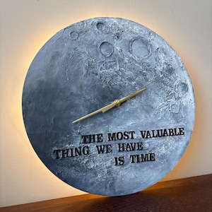 Textured Moon Wall Clock with LED Backlight and Quote | 13.5” Silent Clock with Remote | Modern Lunar Decor Gift