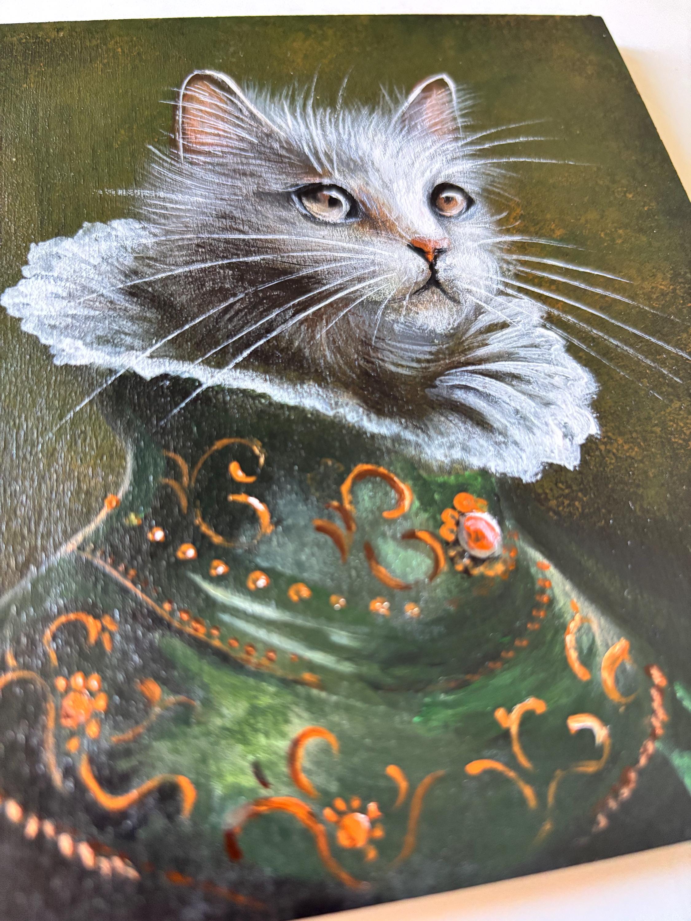 Renaissance Cat Portrait Painting – Original Acrylic on Wood 5x6 in ...
