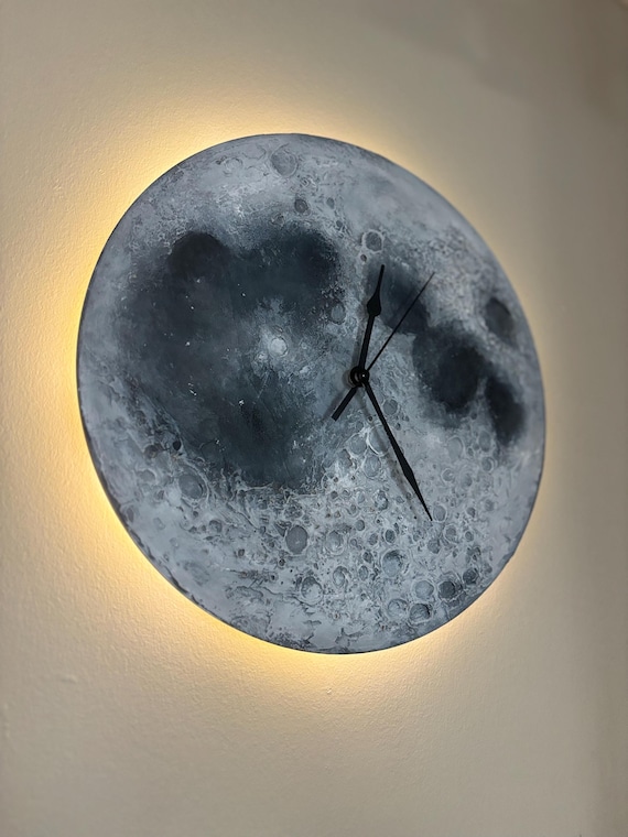 Textured Moon LED Clock: Handmade Acrylic Painting, Space Decor