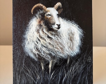 Retrato de cabra acrílico pintado a mano – Tablero de madera de 15 x 13 cm – Arte animal en miniatura