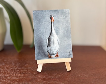 Mini Goose Painting – 3x4 inch Original Acrylic on Wood, Farmhouse Decor, Bird Lover Gift