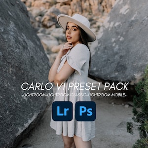 以下が含まれることがあります： 白い帽子と薄い灰色のドレスを着た女性が大きな岩の前でポーズをとっている。彼女の真下に「CARLO V1 PRESET PACK -LIGHTROOM-LIGHTROOM CLASSIC-LIGHTROOM MOBILE-Lr Ps」というテキストが表示されている。