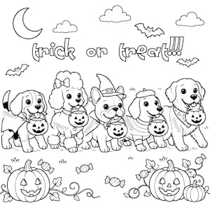 Puede incluir: Una página para colorear en blanco y negro con cinco cachorros disfrazados de Halloween sosteniendo cubos de calabaza. El texto 'trick or treat!!!' aparece en la parte superior, con murciélagos, una luna creciente y calabazas abajo.