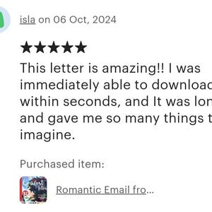 May include: A customer review displays a five-star rating and text praising a product. The review mentions immediate download and a positive experience. The purchased item is a "Romantic Email" product.
