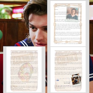 May include: A close-up of a young man's face, looking down and to the right. He is wearing a blue and white striped shirt with a collar. The background is a blurry image of a diner.