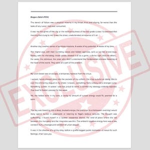 May include: A white sheet of paper with black text. The text is a narrative, likely from a novel or story, with paragraphs and dialogue. The paper has a watermark that says "EXCLUSIVE".