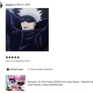 May include: Anime-style illustration of a character with white hair and a black blindfold, wearing a dark purple jacket. The character is smiling with their arms behind their head. The image is a fan-fiction story from Gojo Satoru.