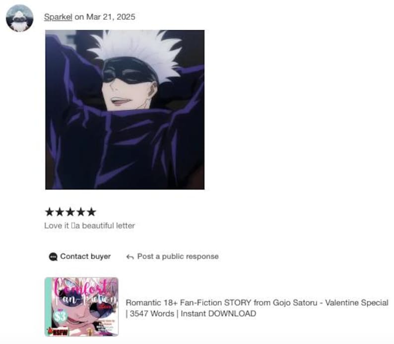 May include: Anime-style illustration of a character with white hair and a black blindfold, wearing a dark purple jacket. The character is smiling with their arms behind their head. The image is a fan-fiction story from Gojo Satoru.