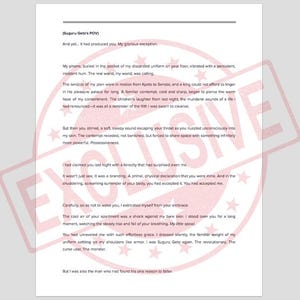 May include: A printed page with text, featuring the title "(Suguru Geto's POV)" and body text. The page has a watermark that says "EXCLUSIVE" in a circular pattern. The text is in black font on a white background.