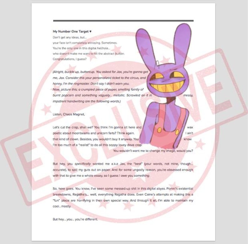 Pu&ograve; includere: Stampa d'arte digitale raffigurante un personaggio di coniglio viola dei cartoni animati con un ampio sorriso, che indossa una tuta rosa. L'immagine &egrave; su sfondo bianco con testo scritto a mano e un timbro rosso.