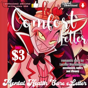 Puede incluir: Descarga digital de una carta de consuelo ilustrada en rojo y negro con el texto "Comfort Letter" y "Mental Health Care e Letter". La ilustración presenta un personaje de dibujos animados con una corona y una pajarita. El texto "Solo 3 €" está en un círculo rojo.