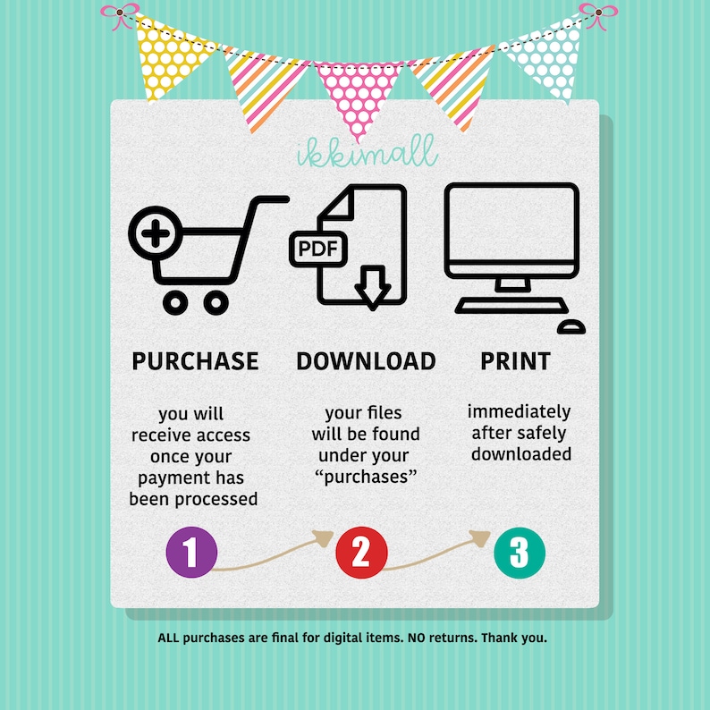 May include: A teal background with a white rectangle containing instructions for digital downloads. The steps are: Purchase, Download, and Print. The text includes "ikkimall" and "ALL purchases are final for digital items. NO returns. Thank you."
