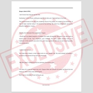 May include: A printed page with text from "Suguru Geto's POV" is visible. The text describes a personal narrative with phrases like "Halloween miracle" and "My little spool." A red "EXCLUSIVE" stamp is visible.
