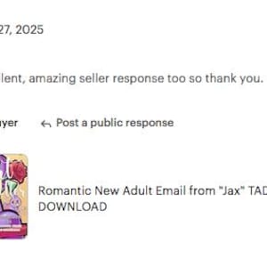 Pu&ograve; includere: Recensione cliente Etsy con cinque stelle. La recensione dice: "Questo &egrave; stato eccellente, anche la risposta del venditore &egrave; stata fantastica, grazie mille." Sotto la recensione c'&egrave; una grafica con un personaggio viola che tiene una rosa, con il testo "Romantic New Adult Email from Jax TADC | 3401 Words | Instant DOWNLOAD."