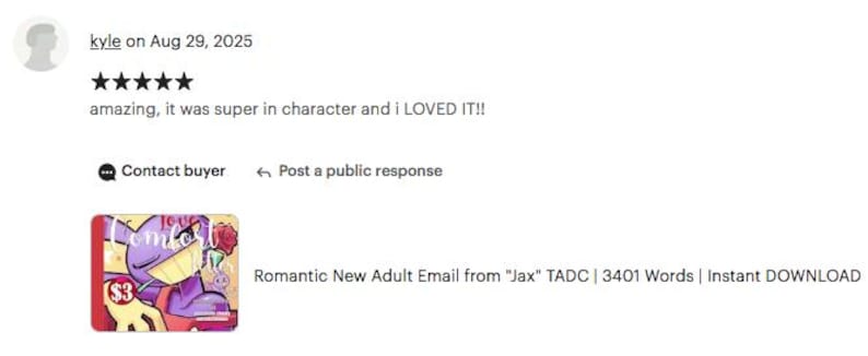 Pu&ograve; includere: Una recensione del cliente con cinque stelle e il testo "amazing, it was super in character and i LOVED IT!!". Sotto la recensione c'&egrave; una grafica con un personaggio viola che tiene una rosa e il testo "Romantic New Adult Email from Jax".