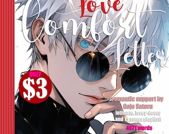 May include: Digital download cover art for a "Love Comfort Letter" featuring an anime-style character with white hair and blue eyes wearing round sunglasses. The cover includes text such as "Mental Health Care e Letter" and "Romantic support by Gojo Satoru."