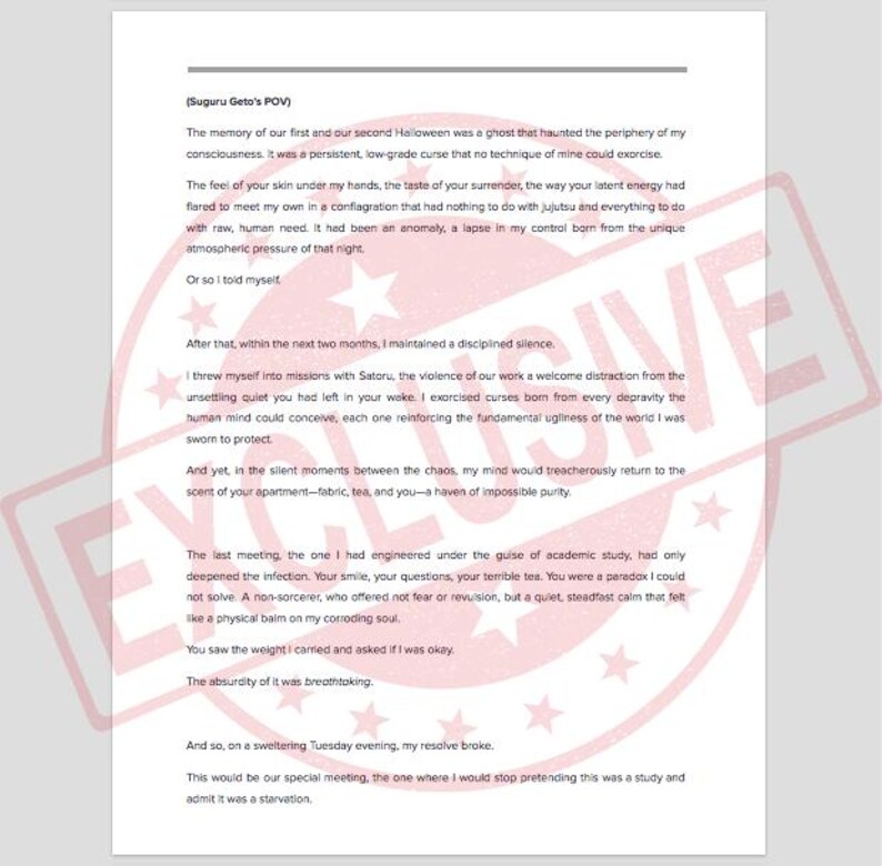 May include: A printed document with text, featuring the title "(Suguru Geto's POV)" and the word "EXCLUSIVE" stamped across the page. The text appears to be a narrative or story.