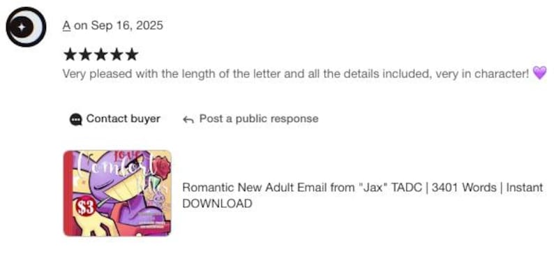 Pu&ograve; includere: Una recensione del cliente con cinque stelle, che elogia la lunghezza e i dettagli di un prodotto. L'immagine include una grafica per una "Romantic New Adult Email" con un personaggio viola che tiene una rosa. Il testo dice "Instant DOWNLOAD".