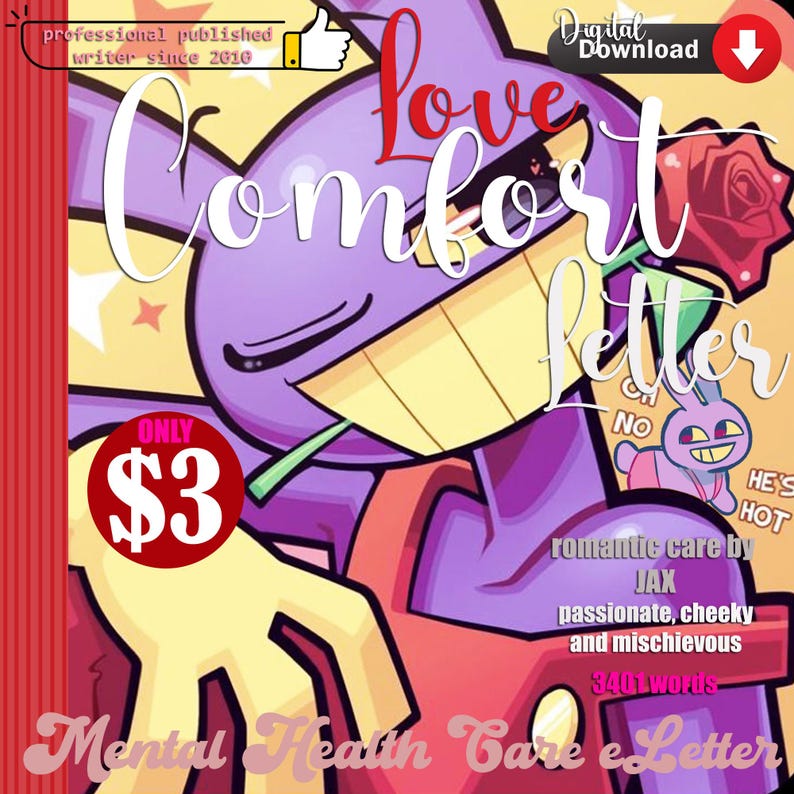 Pu&ograve; includere: Copertina per download digitale di una "Love Comfort Letter" di JAX. L'immagine presenta un personaggio viola dei cartoni animati che tiene una rosa, con testo sovrapposto tra cui "Mental Health Care eLetter" e "3401 parole."
