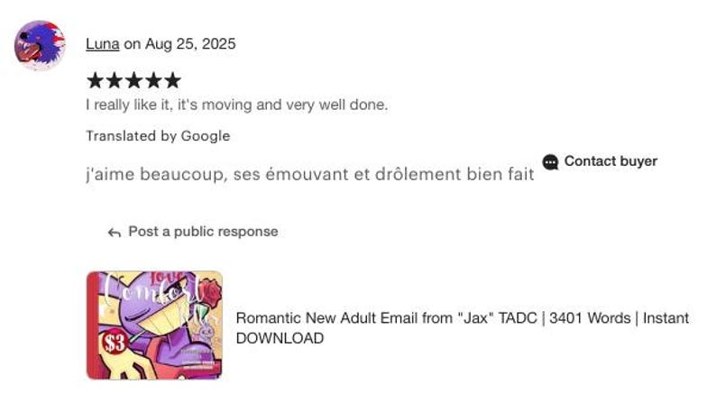 Pu&ograve; includere: Una recensione del cliente con una valutazione a cinque stelle e un commento tradotto dal francese. Sotto la recensione c'&egrave; una grafica per una "Romantic New Adult Email" con un personaggio dei cartoni animati che tiene una rosa.