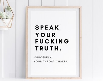 Di tu maldita verdad, arte de pared imprimible, cita divertida, arte tipográfico, chakras, cita inspiradora, citas en blanco y negro, decoración del hogar