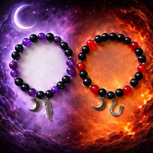 May include: Two beaded bracelets. One bracelet features purple and black beads with a crescent moon and feather charm. The other bracelet has red and black beads with a crescent moon and horseshoe charm. The background is a cosmic nebula.