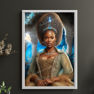 Puede incluir: Una pintura digital de una mujer negra con un gran y elaborado peinado afro adornado con joyas azules. Lleva un vestido azul claro con bordados dorados y plateados y una corona con joyas azules. El fondo es un cielo azul con nubes blancas y un arco de piedra.