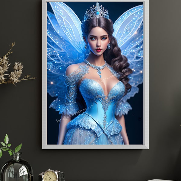 Snow Fairy Digital download, Enchanted Angelic Blue fairy, Fantasy, AI Art Print Printable Image stock photo JPEG, AI Art Printable