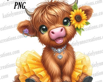 May include: A cartoon illustration of a brown Highland cow wearing a yellow tutu and a sparkly necklace. The cow has a sunflower in its hair and is smiling.